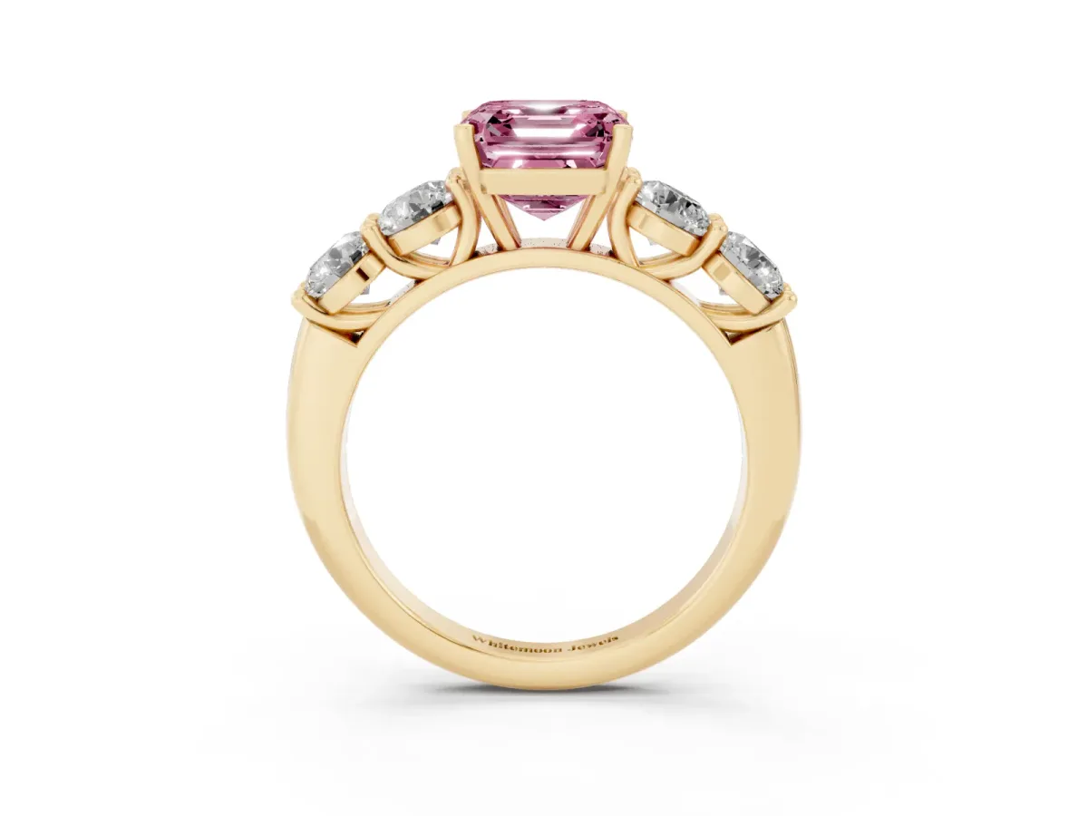 Fancy Pink Asscher Cut Cut Five-Stone Prong Set Diamond Ring with Classic Band Yellow gold