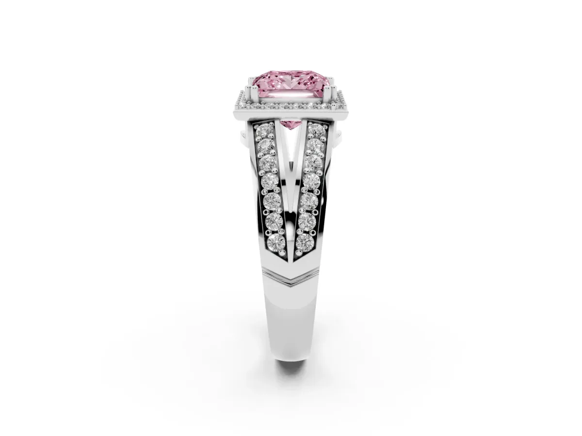 Fancy Pink Princess Cut Diamond Halo Ring with Split Shank Pavé Band and Four-Prong Setting Platinum