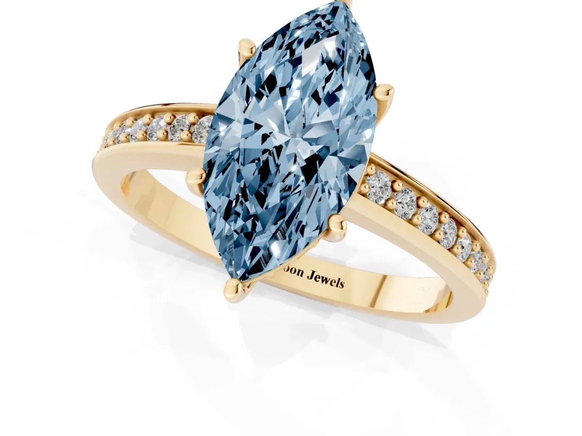 Fancy Blue Marquise Cut Solitaire Pavé Band Prong Setting Ring Yellow gold