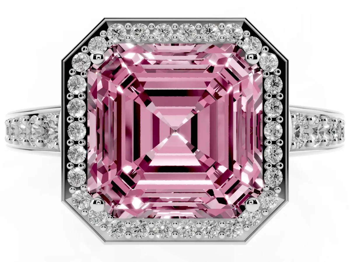 Fancy Pink Asscher Cut Halo Pavé Diamond Engagement Ring with Bezel Setting Platinum
