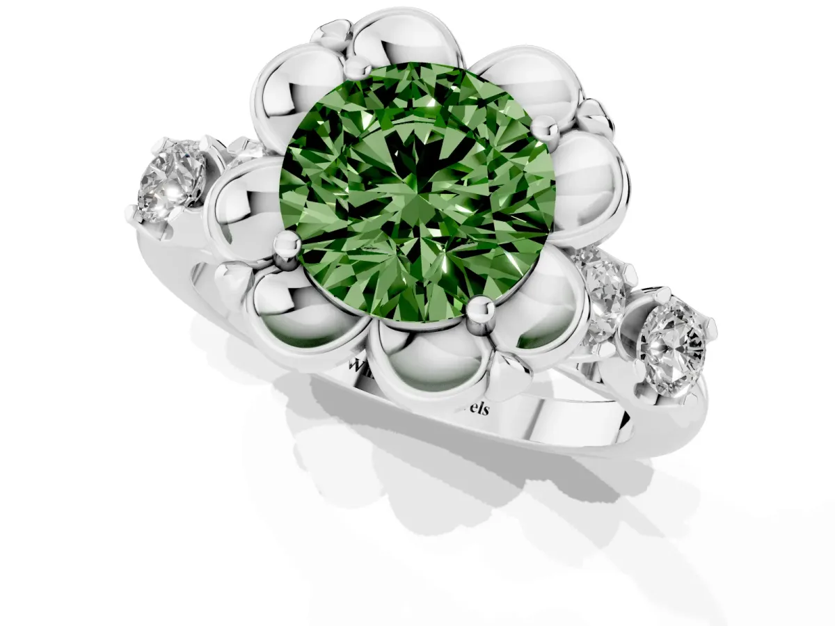Fancy Green Round Cut Cut Diamond Floral Halo Engagement Ring with Shared Prong Setting Silver