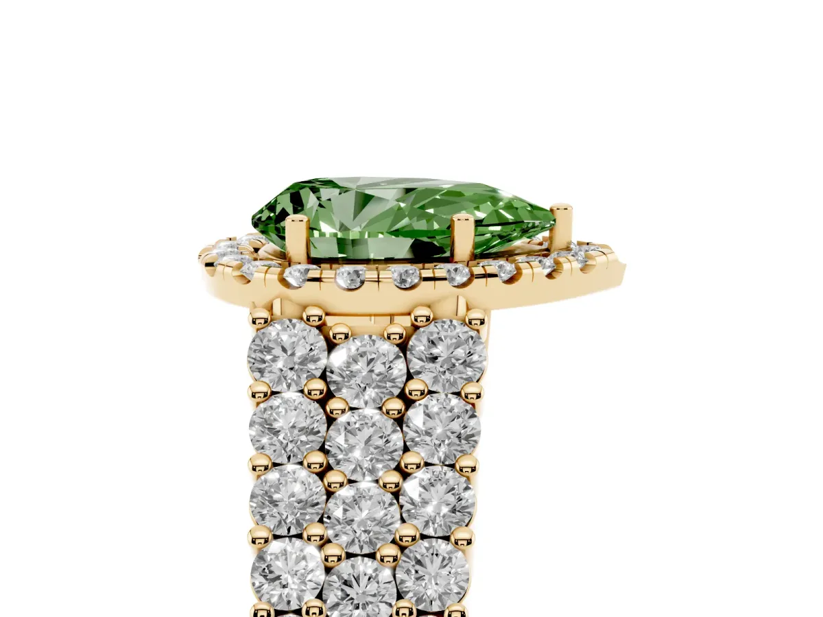 Fancy Green Pear Cut Diamond Halo Engagement Ring with Triple Row Round Pavé Band and Prong Setting Yellow gold