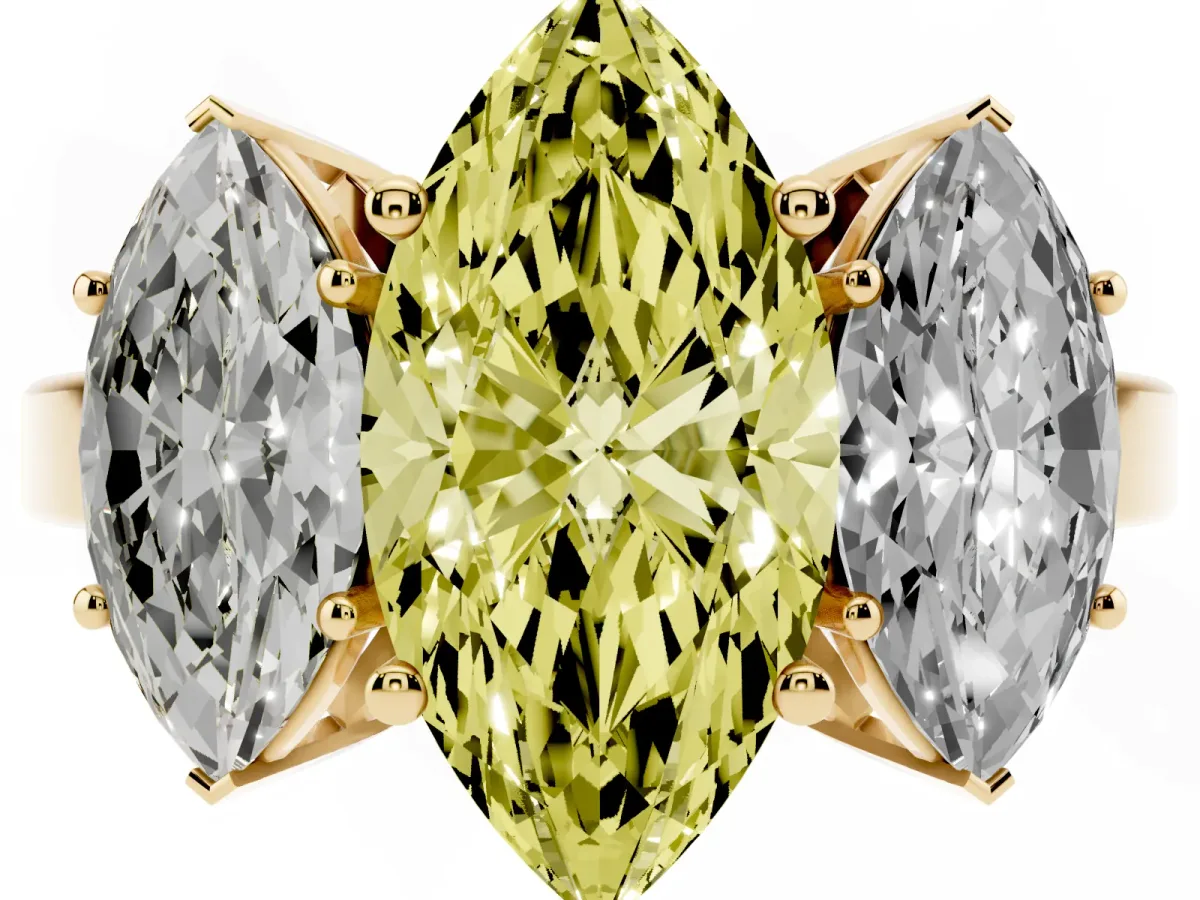 Fancy Yellow Three-Stone Marquise Cut Cut Diamond Engagement Ring with Flat Band and Four-Prong Setting Yellow gold