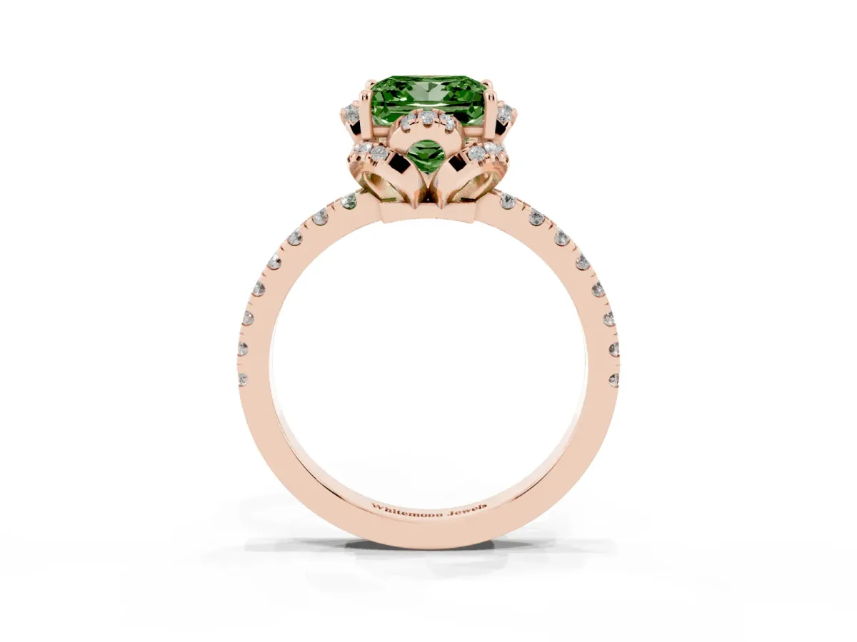 Fancy Green Princess Cut Halo Diamond Pave Band Ring with Four-Prong Setting Rose gold