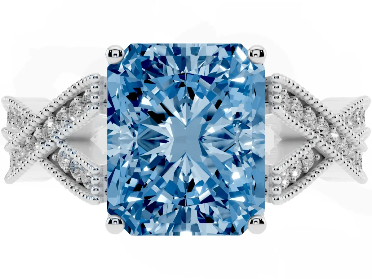 Fancy Blue Radiant Cut Cut Diamond Twisted Band with Milgrain Pave Setting and Four-Prong Setting Silver