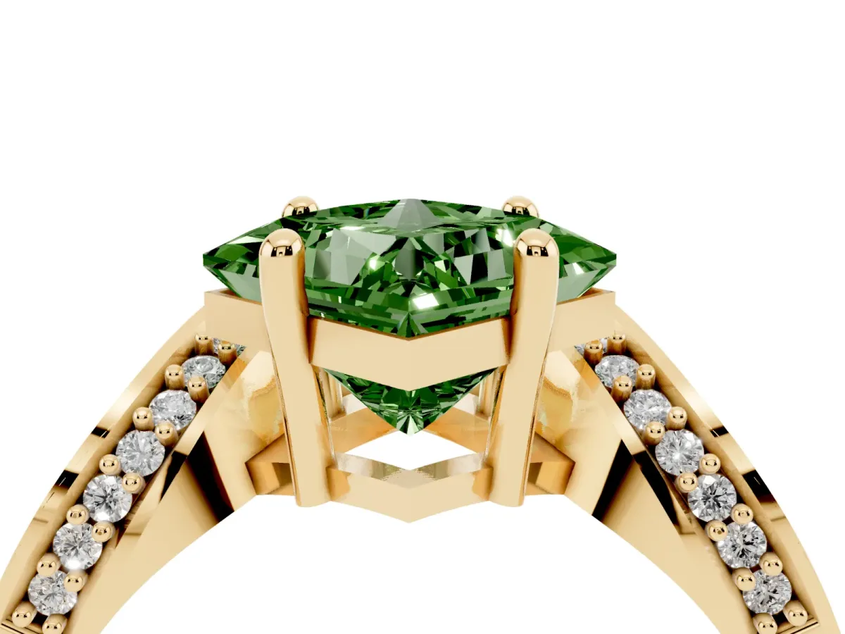 Fancy Green Princess Cut Solitaire Diamond Engagement Ring with Pave Band and Four-Prong Setting Yellow gold