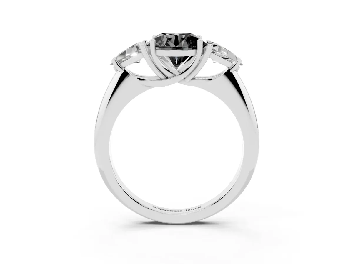 Fancy Black Three-Stone Round Cut Diamond Engagement Ring with Trillion Side Stones and Prong Setting White gold