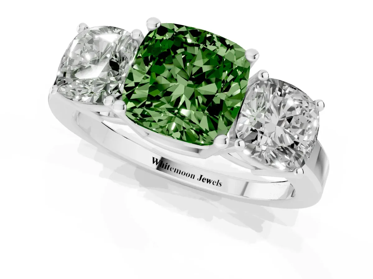 Fancy Green Three-Stone Cushion Cut Cut Diamond Engagement Ring with Flat Band and Four-Prong Setting Silver