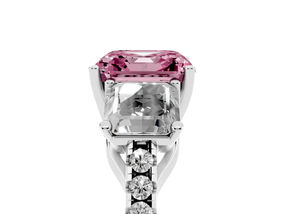 Fancy Pink Three-Stone Asscher Cut Diamond Ring with Round Pavé Band and Prong Setting Silver