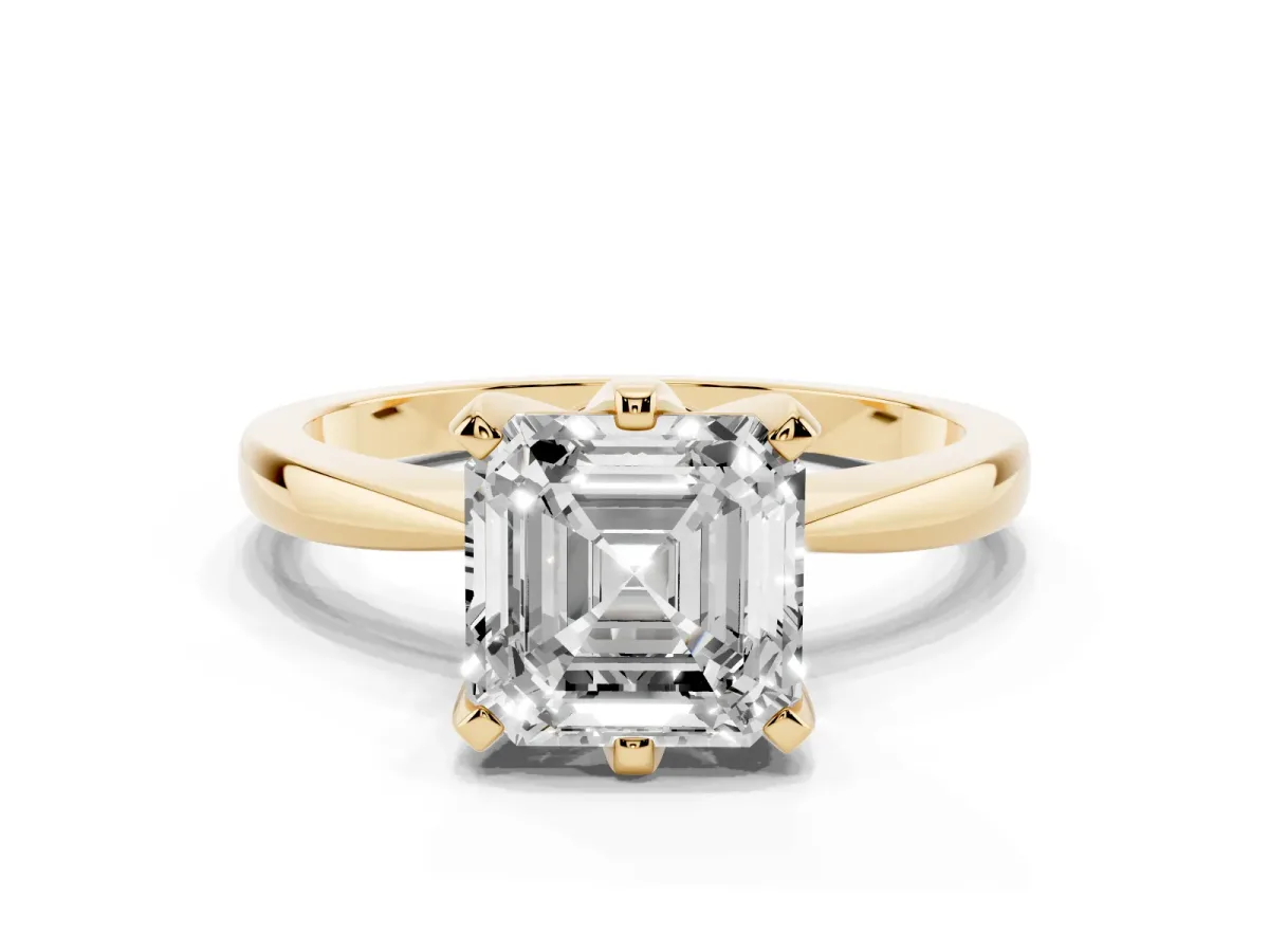 Asscher Cut Solitaire Engagement Ring with Six-Prong Setting and Tapered Band Yellow gold