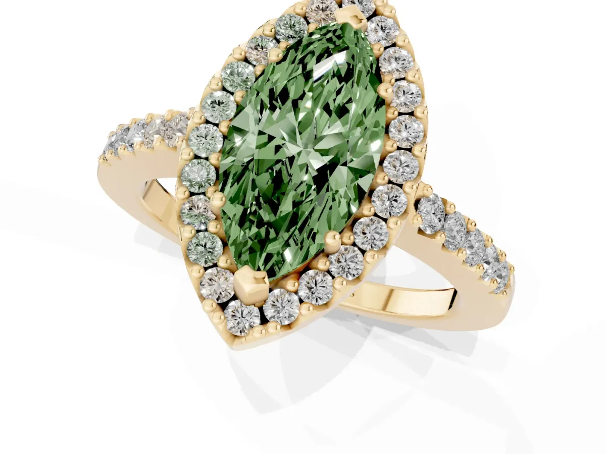 Fancy Green Marquise Cut Halo Diamond Pavé Solitaire Ring Yellow gold