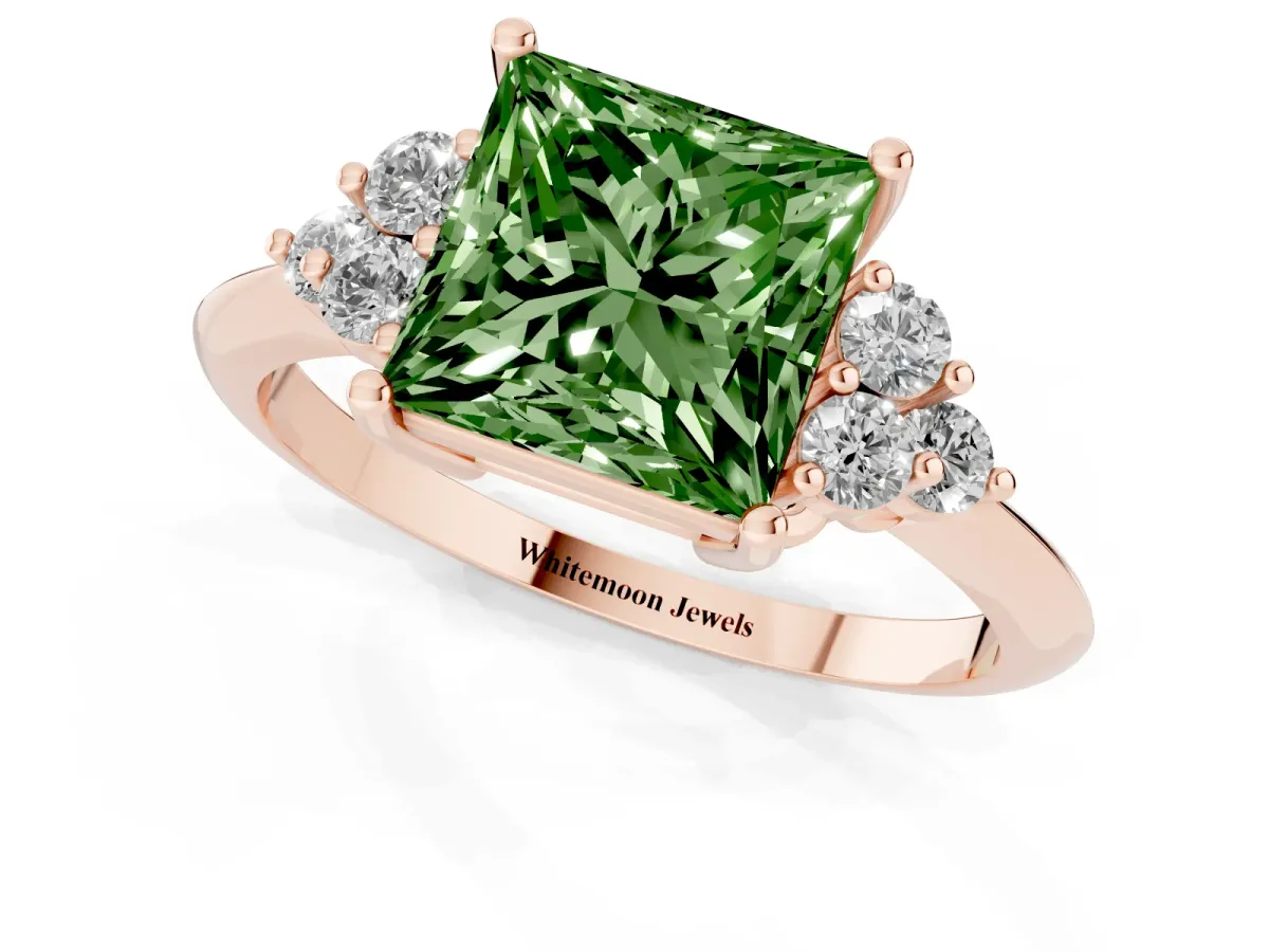 Fancy Green Princess Cut Cut Diamond Cluster Ring with Solitaire Band and Four-Prong Setting Rose gold