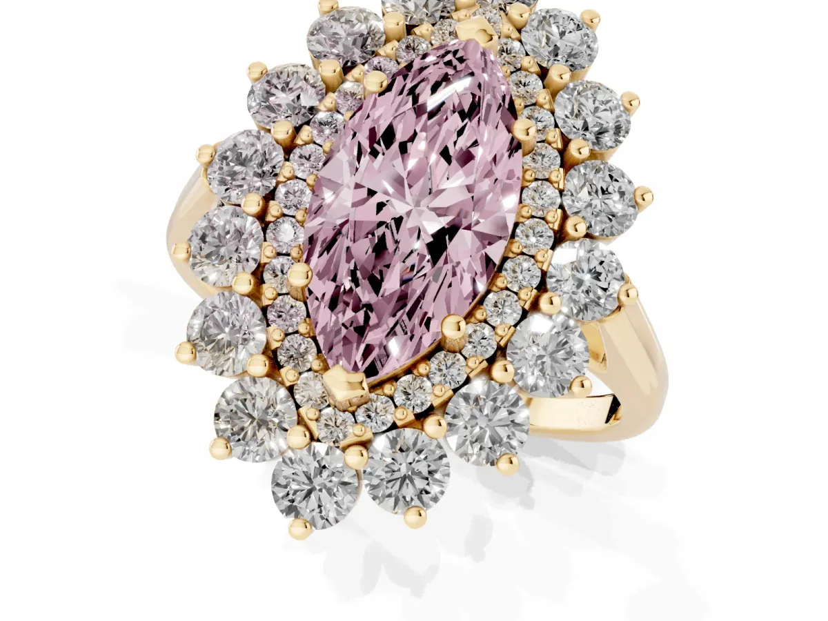 Fancy Pink Marquise Cut Diamond Floral Double Halo Engagement Ring with Prong Setting Yellow gold