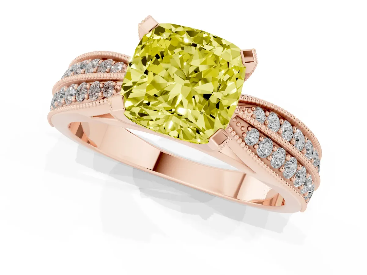 Fancy Yellow Cushion Cut Diamond Solitaire Ring with Milgrain Round Pavé Band and Prong Setting Rose gold