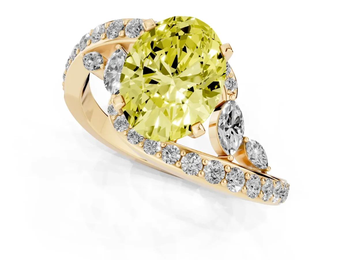 Fancy Yellow Oval Cut Solitaire with Pavé Twist Band and Four-Prong Setting Yellow gold