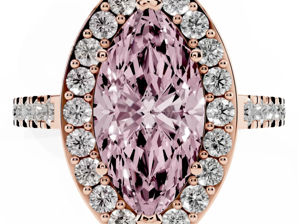Fancy Pink Marquise Cut Diamond Halo Ring with Round Pavé Split Shank and Prong Setting Rose gold