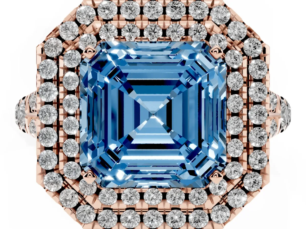 Fancy Blue Asscher Cut Diamond Pavé Split Shank Double Halo Engagement Ring Rose gold