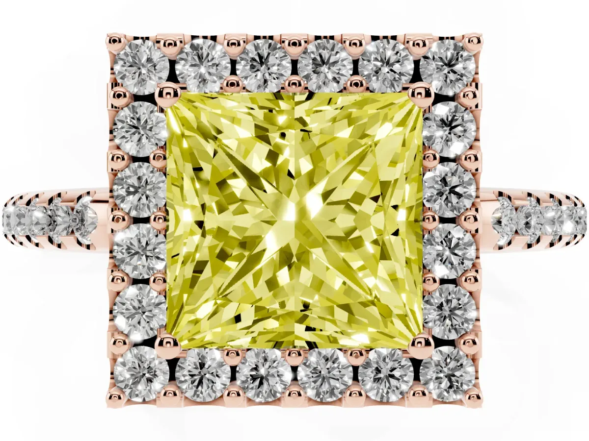 Fancy Yellow Princess Cut Diamond Pavé Halo Ring with Four-Prong Setting Rose gold