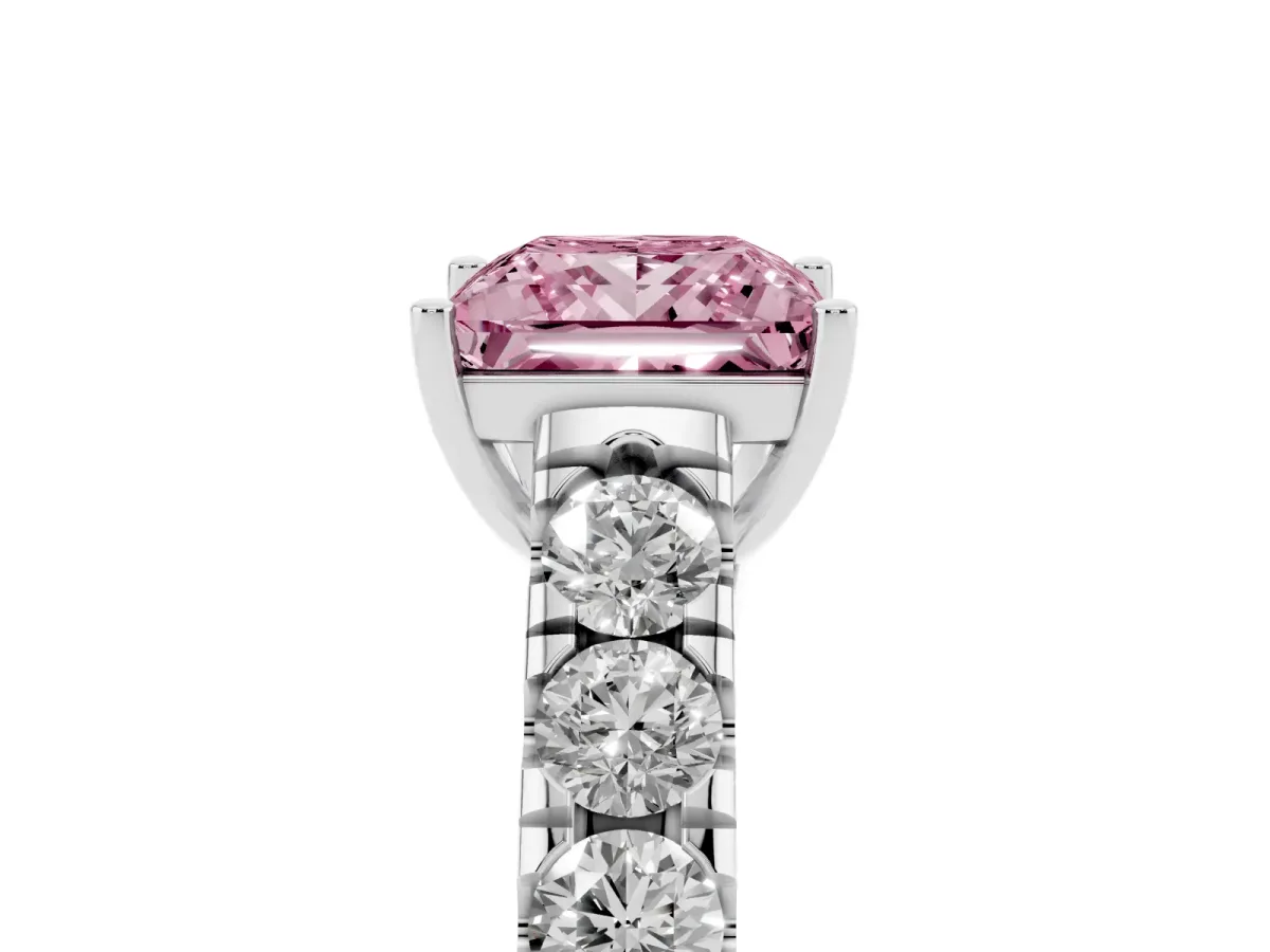 Fancy Pink Princess Cut Cut Diamond Solitaire Ring with Micro Pave Band and Prong Setting Silver