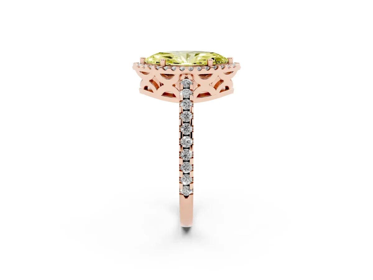 Fancy Yellow Marquise Cut Diamond Halo Engagement Ring with Pavé Band and Prong Setting Rose gold