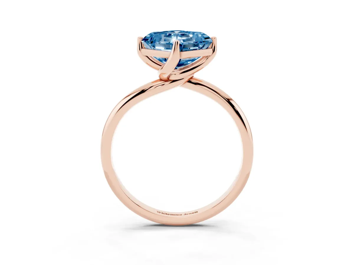 Fancy Blue Asscher Cut Diamond Solitaire Engagement Ring with Four-Prong Setting and Classic Band Rose gold