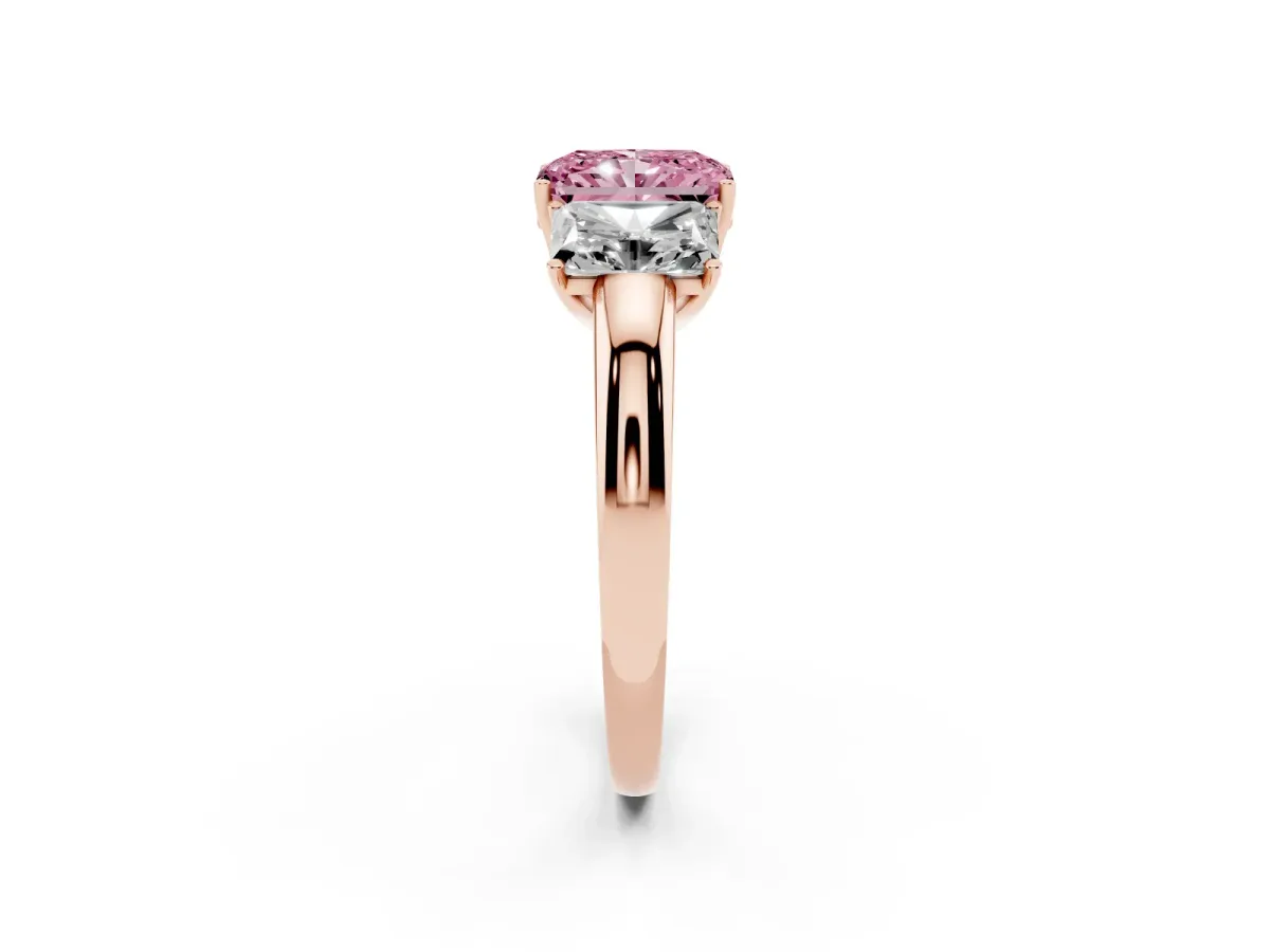 Fancy Pink Radiant Cut Diamond Three-Stone Ring with Four-Prong Setting and Classic Band Rose gold