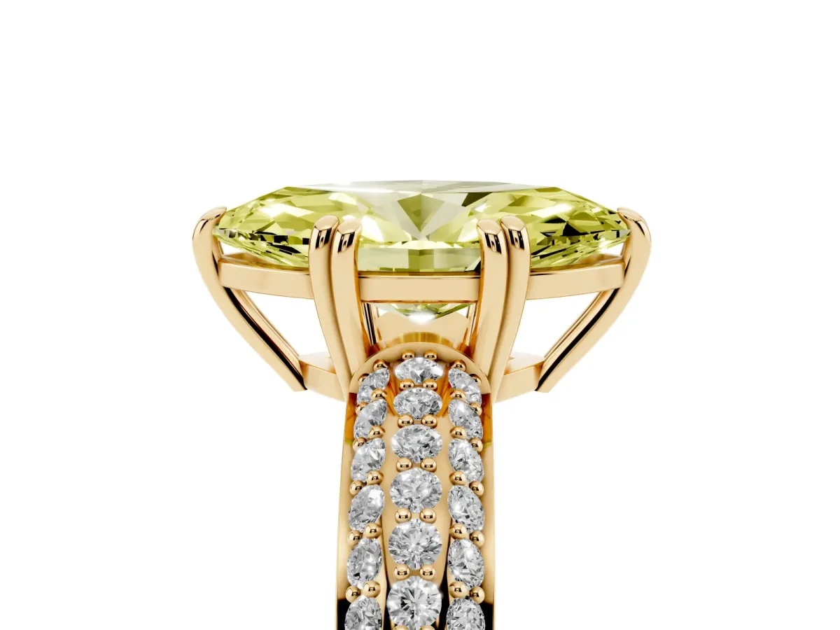Fancy Yellow Marquise Cut Diamond Solitaire Ring with Multi-Row Round Pavé Band and Prong Setting Yellow gold