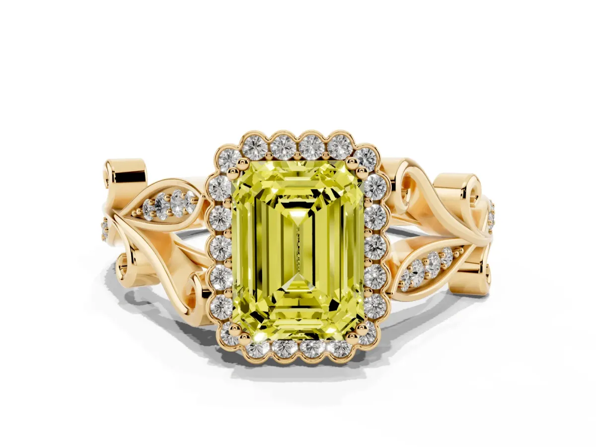 Fancy Yellow Emerald Cut Diamond Halo Ring with Vintage Split Shank and Four-Prong Setting Yellow gold