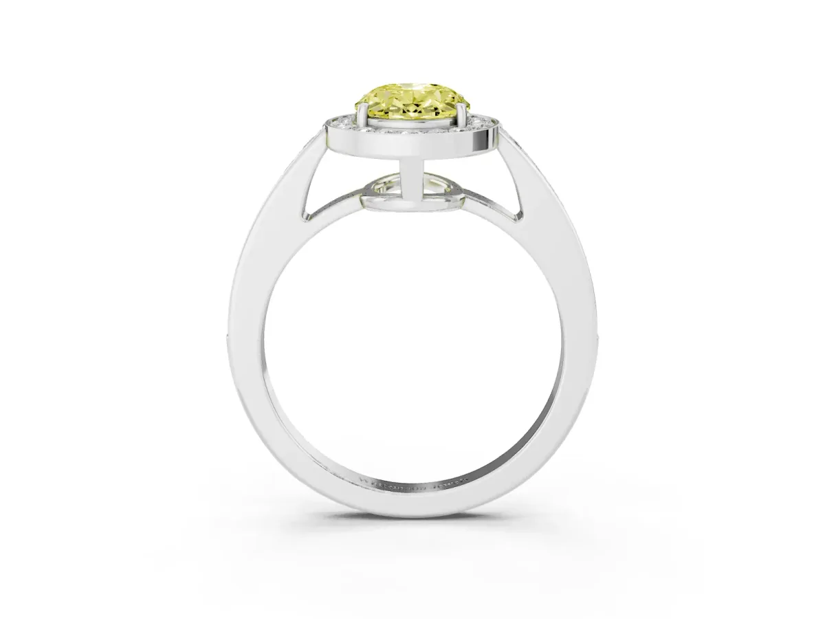 Fancy Yellow Oval Cut Halo Pavé Diamond Engagement Ring with Bezel Setting Silver