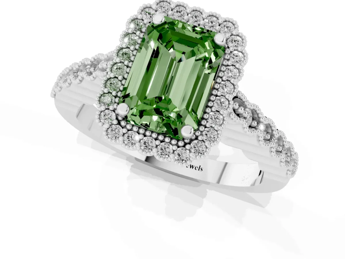 Fancy Green Emerald Cut Cut Halo Pavé Solitaire Ring with Milgrain Band Silver