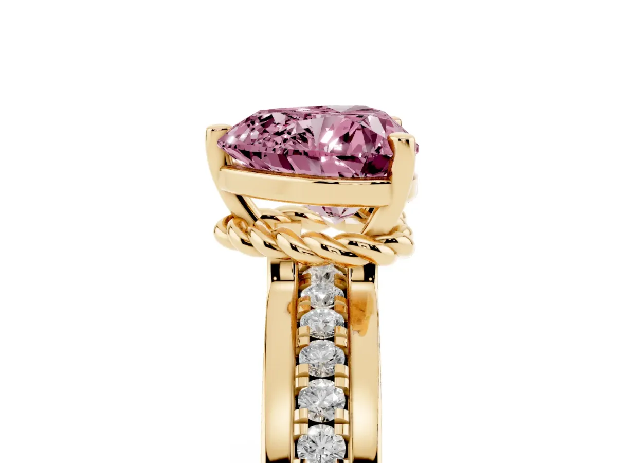 Fancy Pink Heart Cut Solitaire Diamond Ring with Channel Set Band and Six-Prong Setting Yellow gold