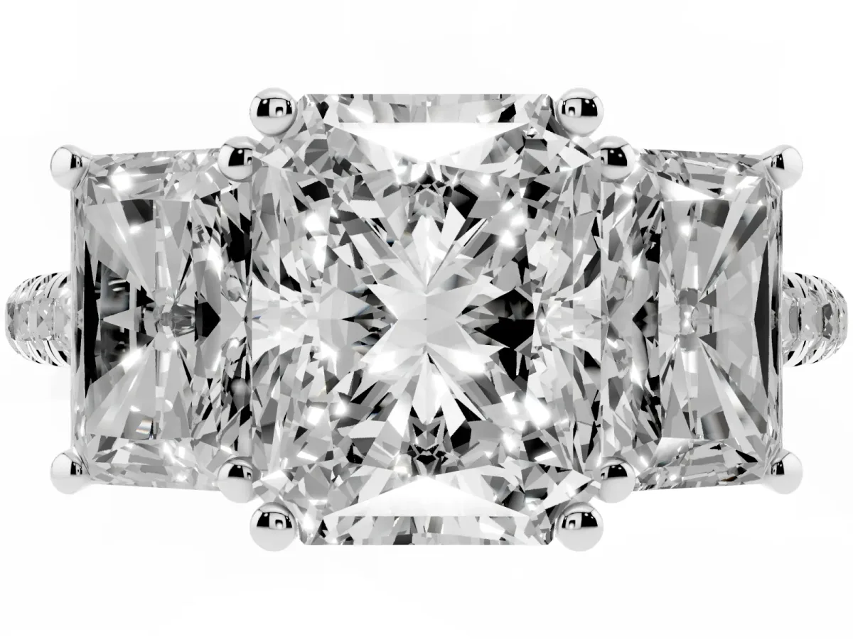 Three-Stone Radiant Cut Diamond Ring with Round Pavé Band and Prong Setting Silver