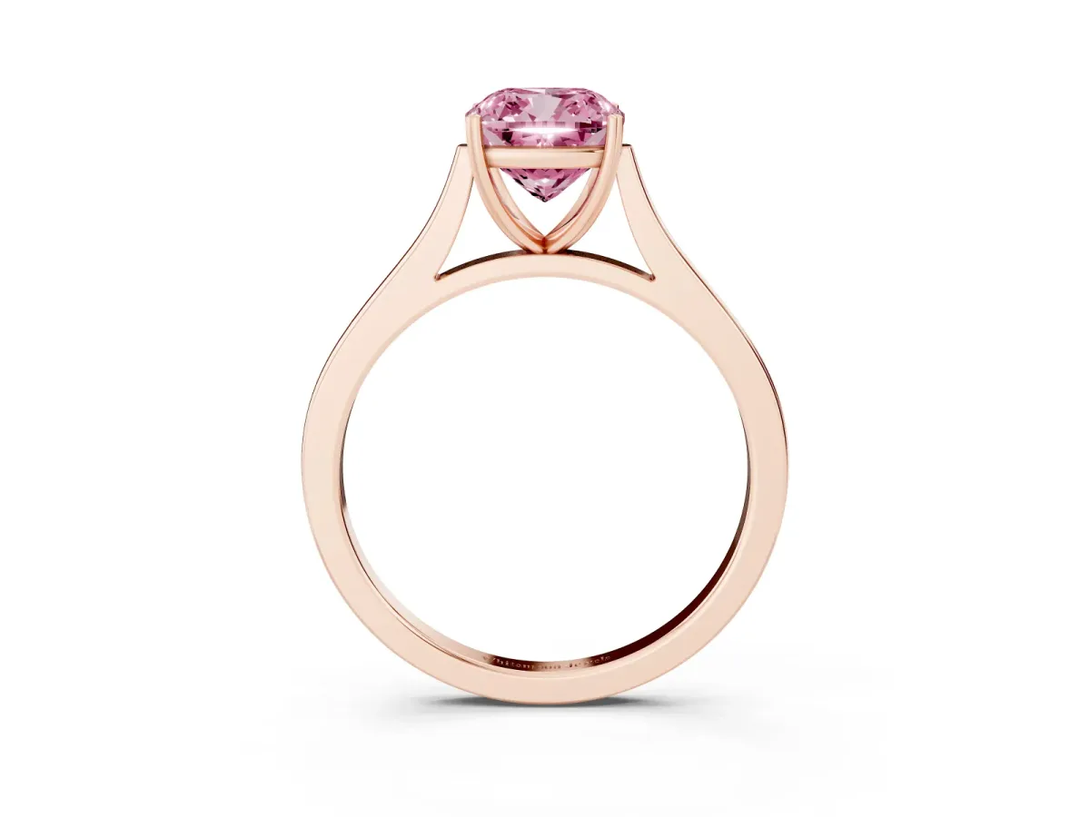 Fancy Pink Cushion Cut Solitaire Heart Prong Engagement Ring with Tapered Band Rose gold