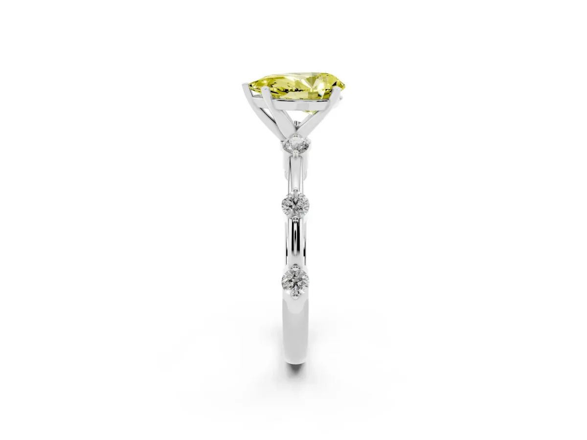 Fancy Yellow Pear Cut Solitaire Diamond Ring with Bezel Set Side Stones and Prong Setting Platinum
