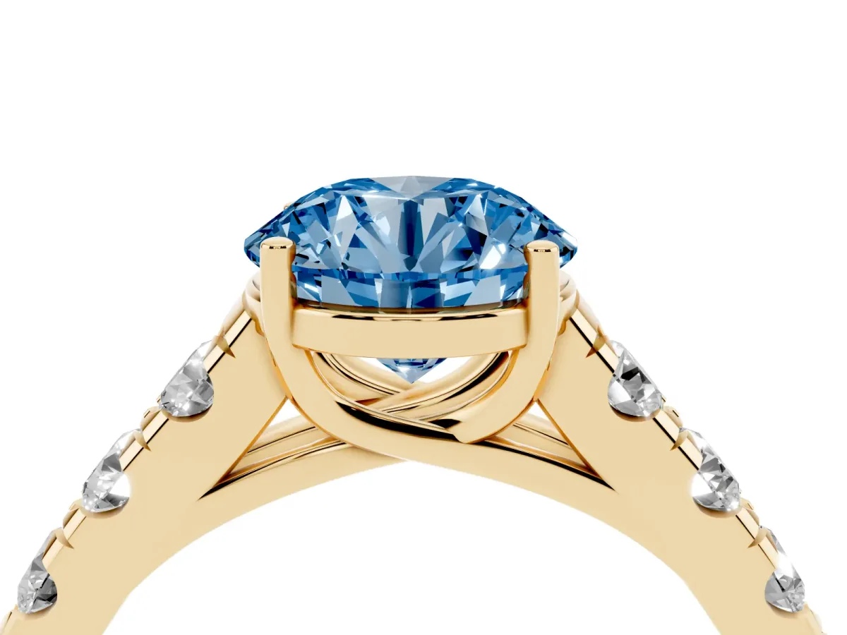 Fancy Blue Round Cut Cut Diamond Solitaire Ring with Micro Pave Band and Prong Setting Yellow gold