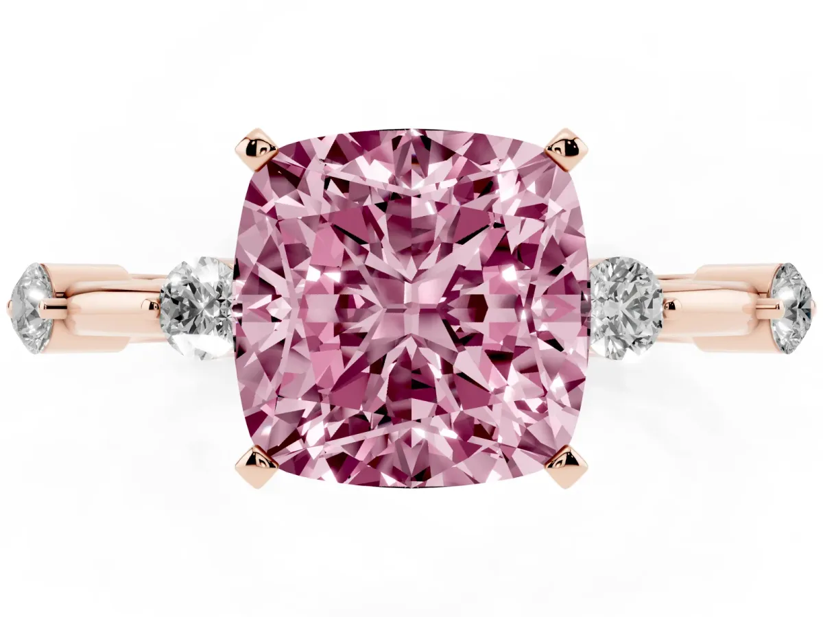 Fancy Pink Cushion Cut Solitaire Diamond Ring with Bezel Set Side Stones and Prong Setting Rose gold