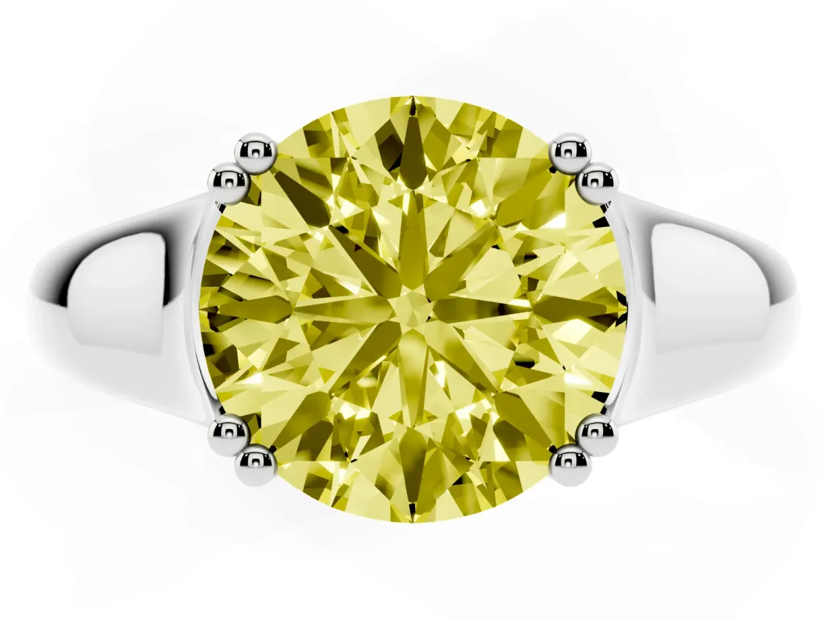 Fancy Yellow Round Cut Diamond Solitaire Ring with Wide Band and Prong Setting Silver