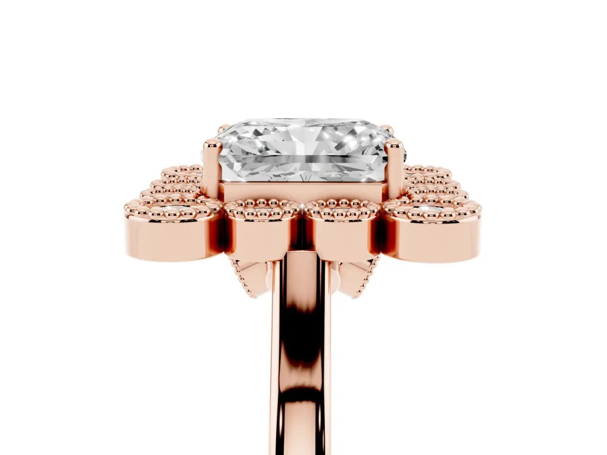 Radiant Cut Halo Diamond Cluster Engagement Ring with Milgrain Bezel Setting and Solitaire Band Rose gold