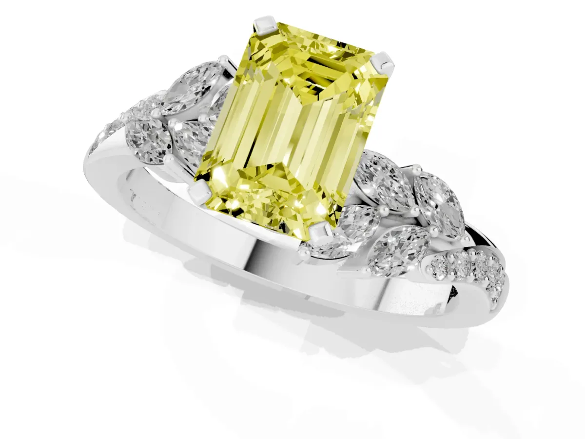 Fancy Yellow Emerald Cut Solitaire Marquise Twist Band with Six-Prong Setting Silver