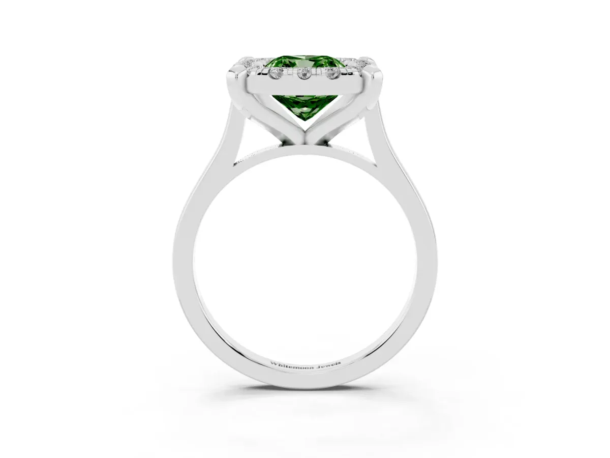 Fancy Green Cushion Cut Diamond Cluster Halo Solitaire with Four-Prong Setting Silver