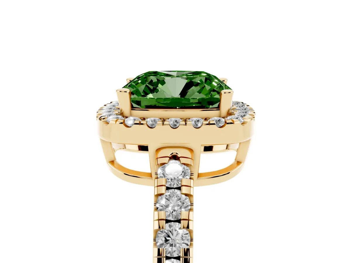 Fancy Green Cushion Cut Diamond Halo Ring with Pavé Band and Four-Prong Setting Yellow gold
