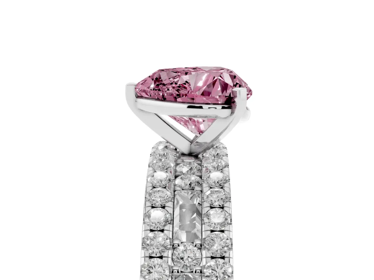 Fancy Pink Heart Cut Diamond Solitaire Ring with Pavé and Channel Set Band White gold