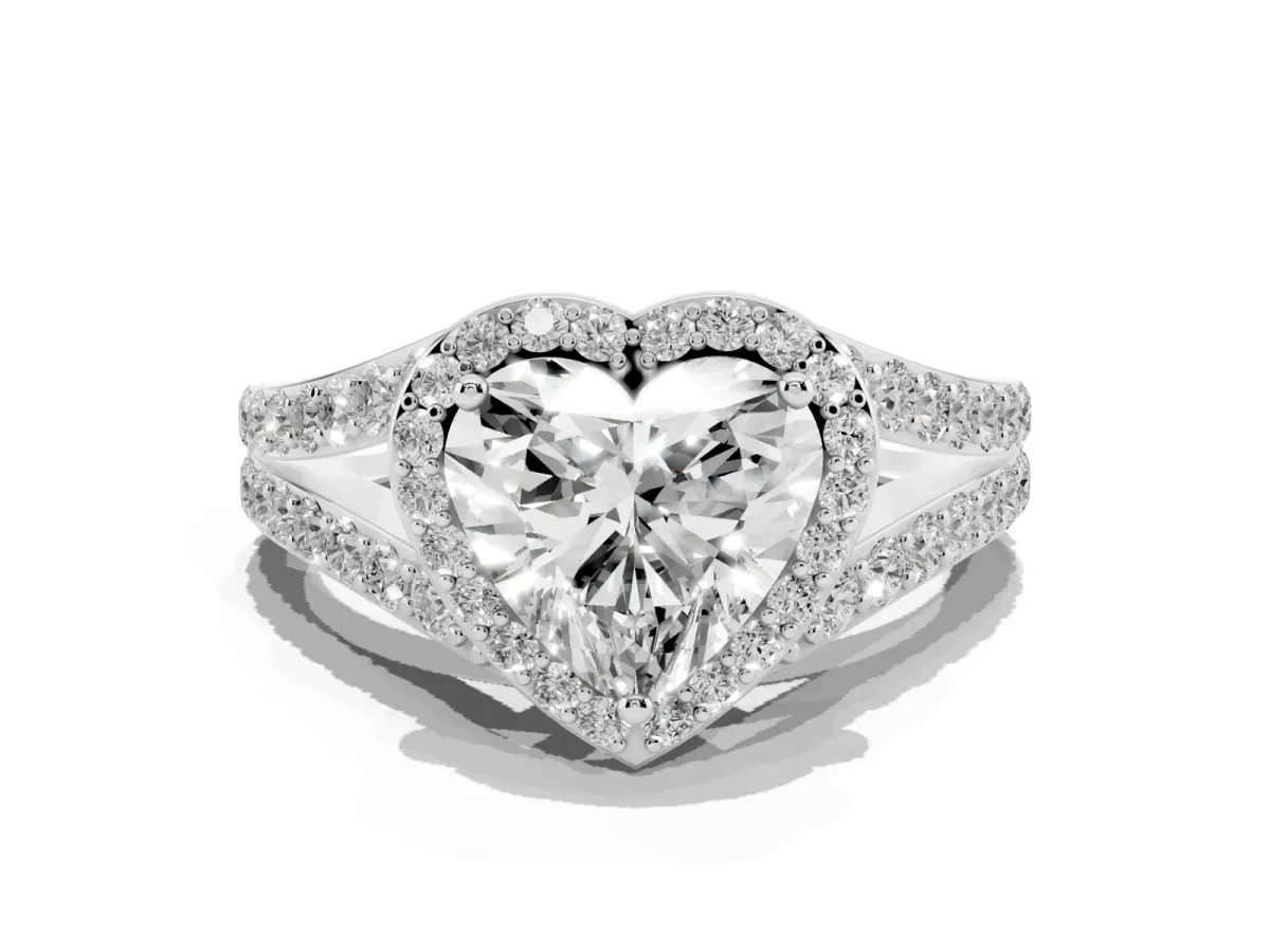 Heart Cut Diamond Split Shank Halo Ring with Four-Prong Setting Silver