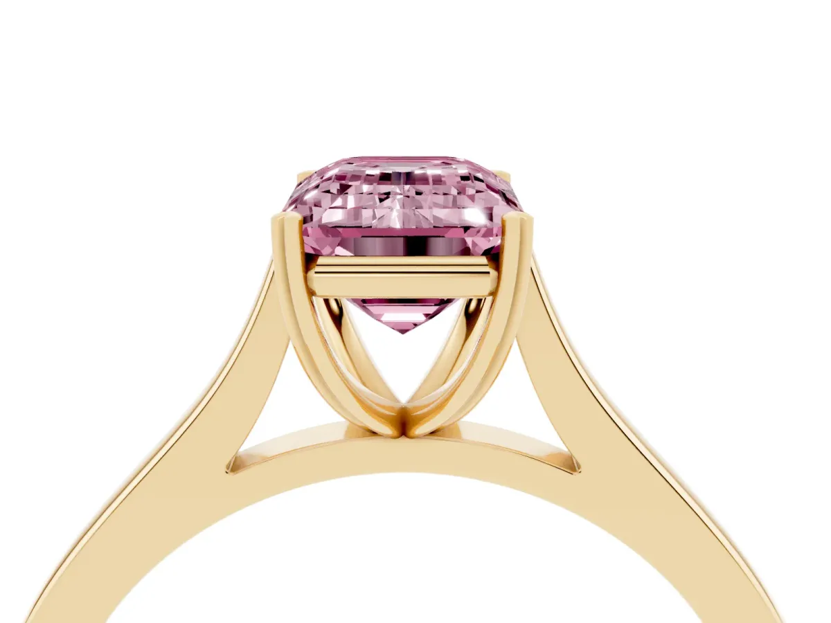 Fancy Pink Emerald Cut Solitaire Heart Prong Engagement Ring with Tapered Band Yellow gold