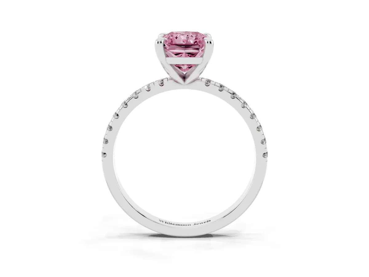 Fancy Pink Radiant Cut Diamond Brilliant Solitaire Ring with Pavé Band and Four-Prong Setting Platinum