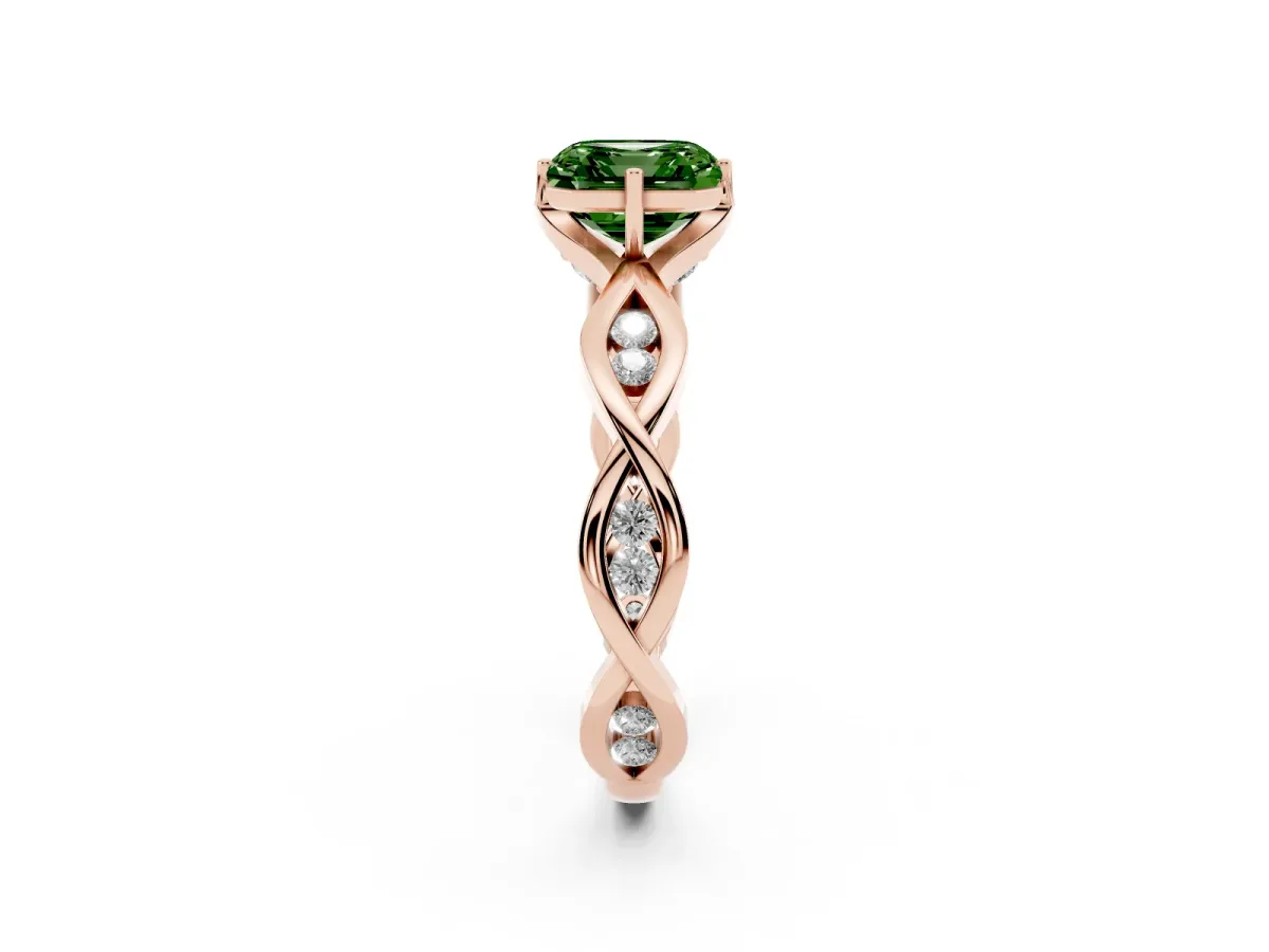Fancy Green Asscher Cut Solitaire Twist Band with Leaf Prong Setting Rose gold