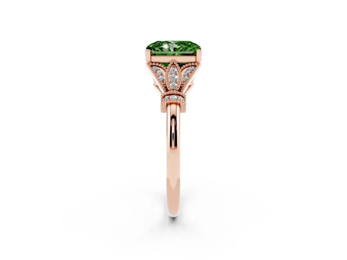 Fancy Green Radiant Cut Diamond Solitaire Ring with Floral Filigree and Pave Accents Rose gold