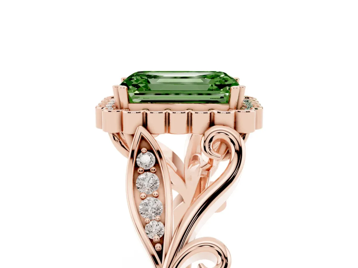 Fancy Green Emerald Cut Diamond Halo Ring with Vintage Split Shank and Four-Prong Setting Rose gold