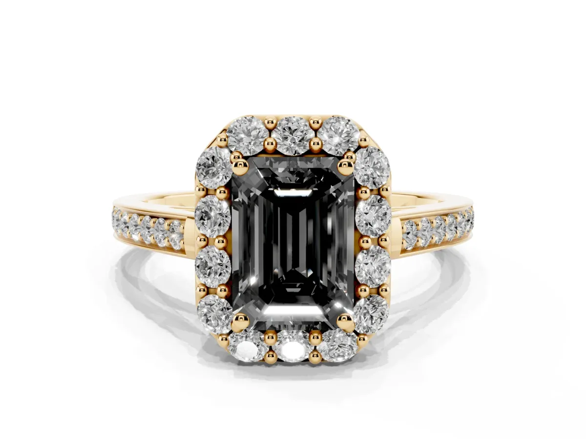 Fancy Black Emerald Cut Diamond Floral Halo Ring with Pavé Band and Prong Setting Yellow gold