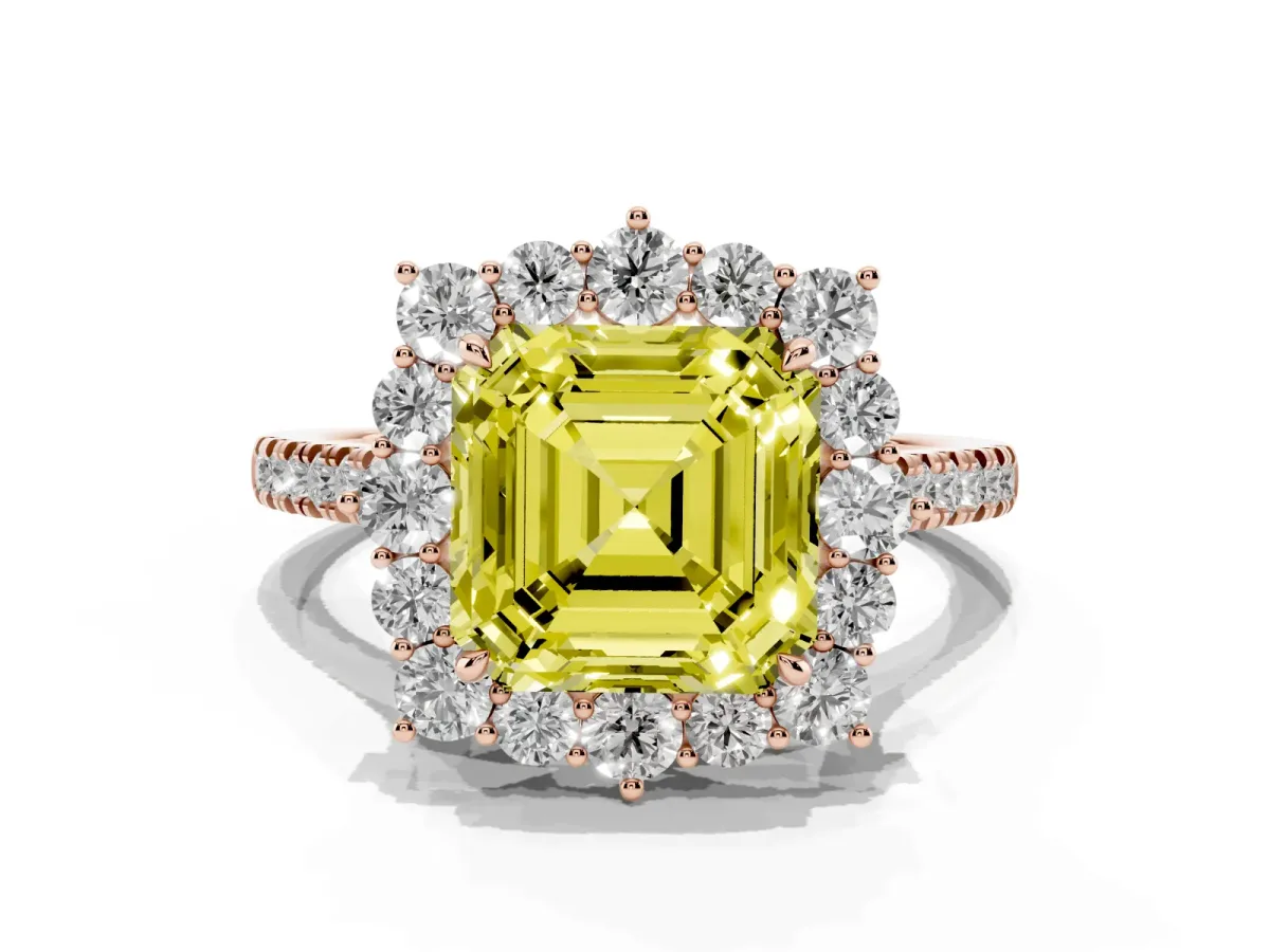 Fancy Yellow Asscher Cut Halo Diamond Ring with Pavé Band and Prong Setting Rose gold